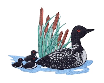 Colimbo con pollitos - Totora - en agua - Aplique termoadhesivo - Parche bordado - Aves - 694796-A