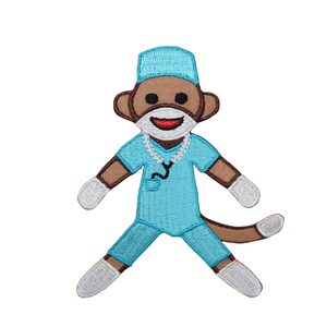 May include: An embroidered patch of a cartoon monkey dressed as a doctor. The monkey is wearing a blue surgical scrub top, a blue surgical cap, a white stethoscope, and a white pearl necklace. The monkey has brown fur, a white face mask, and a big smile.
