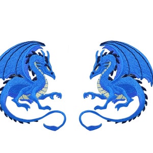 May include: Two blue embroidered iron-on patches of dragons facing each other.