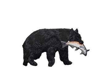 Black Bear Catching Fish, Rainbow Trout, Embroidered, Iron on Patch