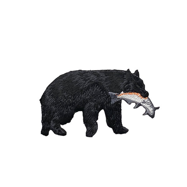 Ours noir pêchant des poissons, truite arc-en-ciel, brodé, fer sur l'écusson