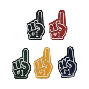 May include: Five foam finger cutouts in different colors: red, yellow, green, navy blue, and black. Each finger has a white outline and the number "#1" written on the back of the finger.