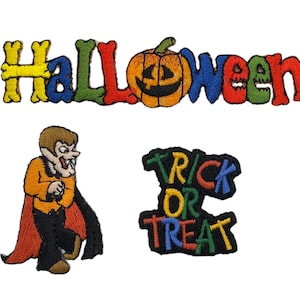 May include: Set of four embroidered iron-on patches featuring Halloween themes. The patches include a pumpkin, a vampire, and the words "Halloween" and "Trick or Treat".