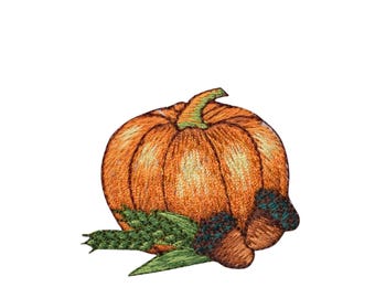 Pumpkin with Acorns, Thanksgiving, Fall, Embroidered, Iron on Patch