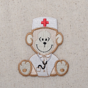 Nurse Bear - Sitting - Nurse Hat with Red Cross - Stethoscope - Iron on Applique - Embroidered Patch - WA008