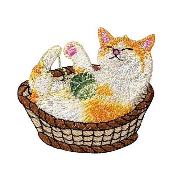 Cat in Basket, Playing with Yarn Ball, Pets, Kitten, Embroidered, Iron on Patch