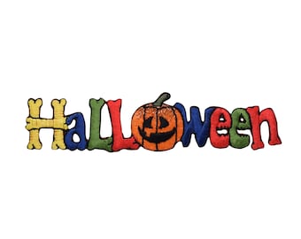 Halloween Word with Jack o' Lantern - Bone Letters - Iron on Applique - Embroidered Patch -  156921-A