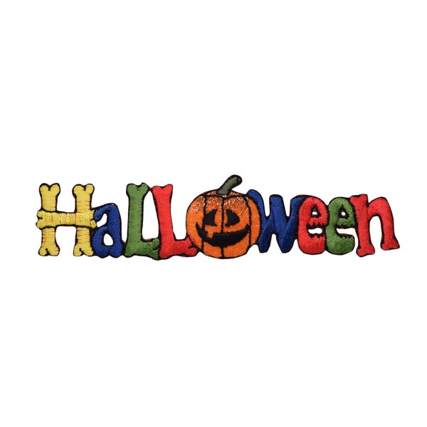 Halloween Word with Jack o' Lantern - Bone Letters - Iron on Applique - Embroidered Patch -  156921-A