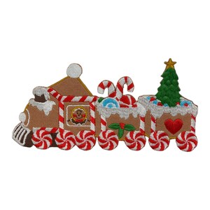 May include: Embroidered Christmas train patch featuring a gingerbread-style locomotive and cars. The train is decorated with red and white candy canes, a green Christmas tree, and a red heart. The patch is brown, white, red, and green.