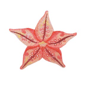 May include: Embroidered patch of a starfish in shades of coral, peach, and yellow. The five-pointed star has detailed stitching with darker coral lines and small white dots. The patch is on a white background.