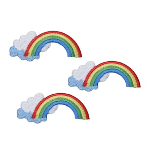 May include: Three embroidered rainbow patches with a white cloud. Each patch features a rainbow with red, orange, yellow, green, blue, and purple stripes.