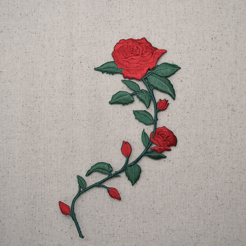 Red Roses on Vine, Embroidered, Iron on Patch image 2