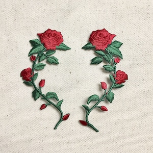 SMALL - Red Rose - Open Petals on Long Stem - Flowers - Facing LEFT or RIGHT - Iron on Applique - Embroidered Patch - 697243