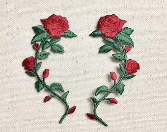 SMALL - Red Rose - Open Petals on Long Stem - Flowers - Facing LEFT or RIGHT - Iron on Applique - Embroidered Patch - 697243