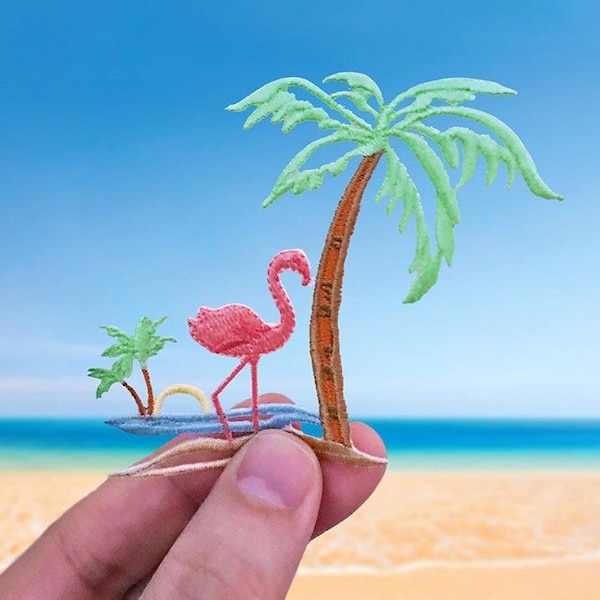 Flamingo with Palm Tree - Ocean Scene - Iron on Applique - Embroidered Patch