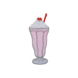 May include: An embroidered patch of a pink milkshake with whipped cream and a red straw. The patch is grey and white.