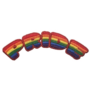 May include: Rainbow colored embroidered patch with the word "PRIDE" in a curved arc.