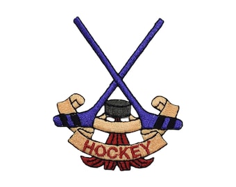 May include: An embroidered patch featuring two crossed hockey sticks, a puck, and a banner that reads "HOCKEY". The sticks are purple, the puck is black, and the banner is beige with red lettering.