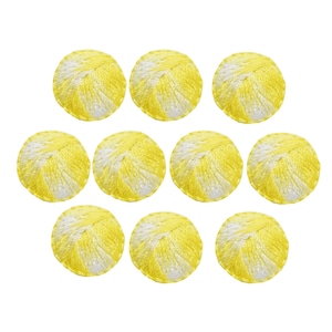 May include: Ten yellow and white embroidered fabric circles. The circles have a textured, woven appearance.