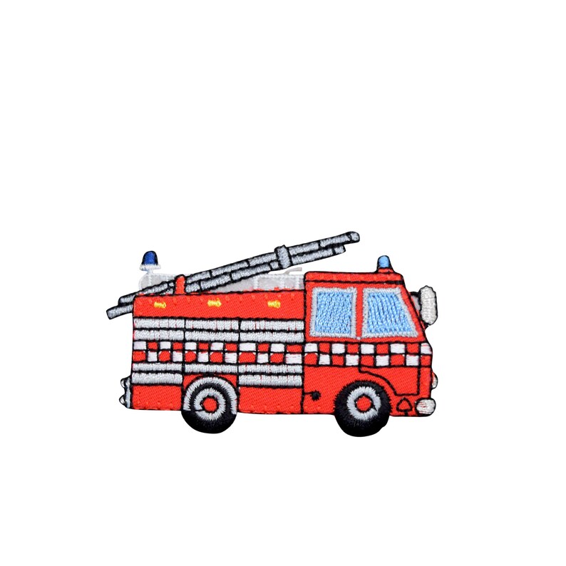 May include: Red and white checkered fire truck with a ladder on top and blue lights. The truck has a white outline and is embroidered.