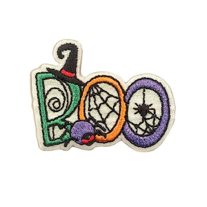 Boo with Spider, Witch&#39;s Hat, Halloween, Embroidered, Iron on Patch