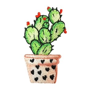 Potted Cactus Plant, Red Flowers, Embroidered, Iron on Patch