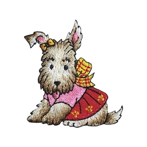 Terrier Dog in Pink/Red Dress, Plaid Bow, Animals, Pets, Puppy, Iron on Patch
