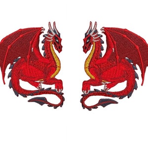 May include: Two red embroidered iron-on patches of dragons facing each other. The dragons have wings, tails, and claws.