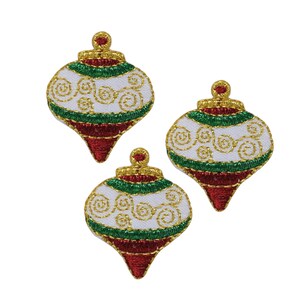 May include: Three white Christmas ornament patches with gold, red, and green embroidery. The ornaments are shaped like teardrops and have a swirl design.