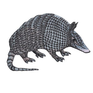 Puede incluir: Un parche bordado de un armadillo, con un diseño gris y negro y una cola larga.