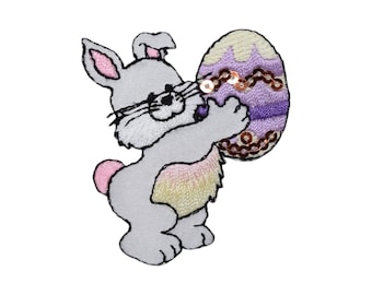 Easter Bunny with Egg, Easter DIY, Rabbit, Embroidered Iron on Patch
