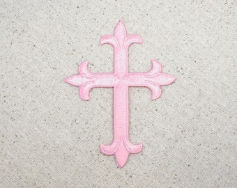 Fleur De Lis - Religiöses Kreuz - Rosa - 4 "- Aufnäher zum Aufbügeln - WA023