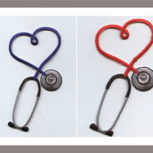Stethoscope Heart - Medical - RED or BLUE - Iron on Applique - Embroidered Patch - 695278