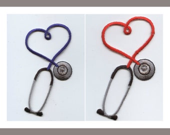 Stethoscope Heart - Medical - RED or BLUE - Iron on Applique - Embroidered Patch - 695278