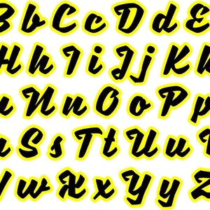 May include: A black and yellow alphabet with each letter in a stylized, cursive font. The letters are outlined in yellow and have a bold, black fill.