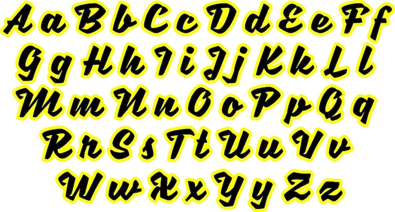May include: A black and yellow alphabet with each letter in a stylized, cursive font. The letters are outlined in yellow and have a bold, black fill.