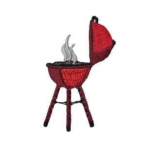 May include: Red metal grill with a lid open and smoke coming out of the top. The grill is on a stand with three legs.