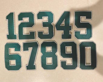 Número de 6" para uniforme o camiseta - Estilo deportivo/universitario, parche termoadhesivo, centro de sarga, contorno bordado.
