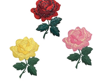Red, Yellow, or Pink Rose - Open Petals and Stem, Flowers, Embroidered, Iron on Patch