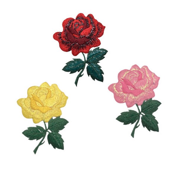 Red, Yellow, or Pink Rose - Open Petals and Stem, Flowers, Embroidered, Iron on Patch