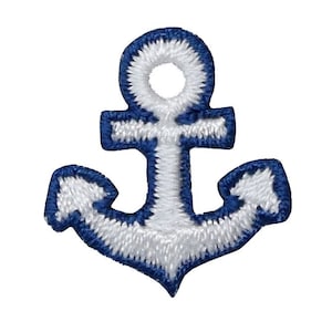 May include: A white anchor with a blue outline. The anchor is a nautical symbol and is often used as a decorative element.