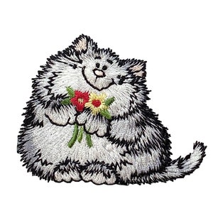 May include: Embroidered iron-on patch of a white and gray cat holding a bouquet of red and yellow flowers.