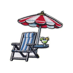 May include: Embroidered patch featuring a beach scene with a blue and white striped deck chair, a red and white striped umbrella, and a cocktail. The patch is outlined in black and has a white background.