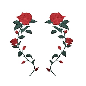 Red Roses on Vine, Embroidered, Iron on Patch