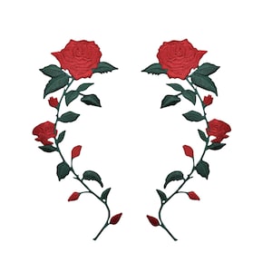 May include: Two red roses with green leaves and stems form a heart shape.