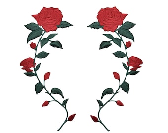 Red Roses on Vine, Embroidered, Iron on Patch