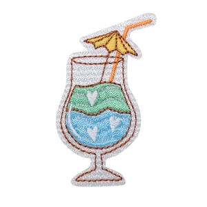 May include: Embroidered iron-on patch of a blue and green cocktail with a yellow umbrella and a straw. The cocktail has white hearts on it.
