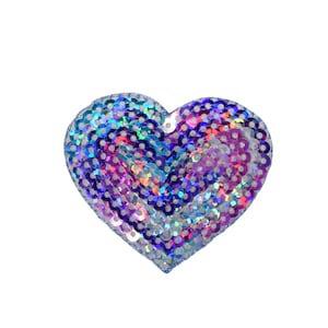 May include: A heart-shaped sequin patch with iridescent blue, purple, and pink sequins. The sequins are arranged in a swirling pattern.