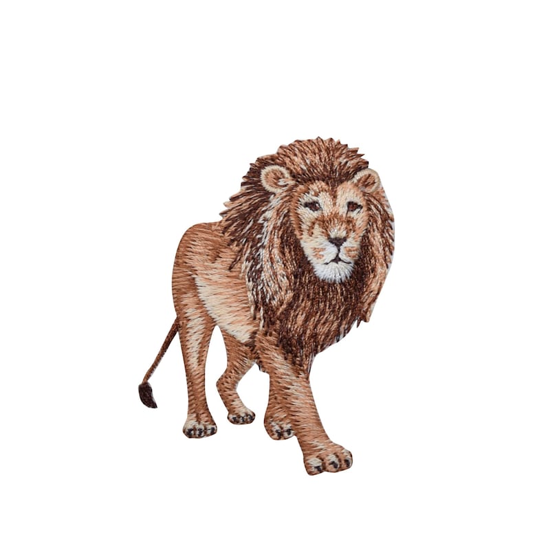 May include: Embroidered patch of a brown lion with a thick mane, walking to the right. The lion has a light brown body and a darker brown mane.