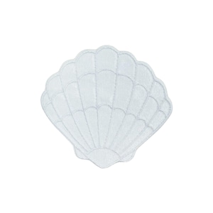 May include: A white, embroidered seashell patch. The patch has a detailed fan-like pattern, highlighting the fabric's texture. The edges are neatly finished, giving it a clean look. Perfect for adding a coastal touch to clothing or accessories. Ideal for a seaside theme.